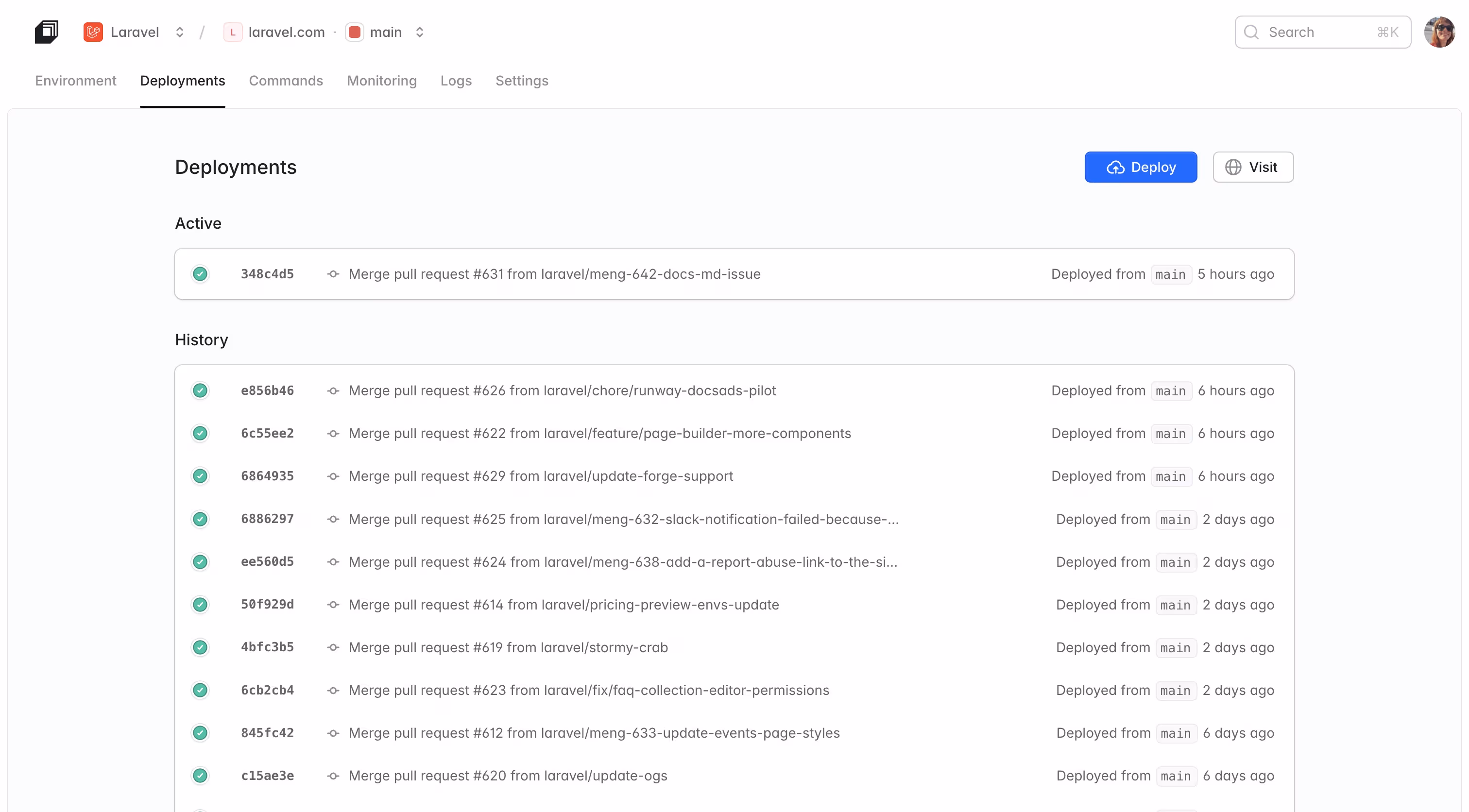 A deployment in progress on Laravel Cloud, showing the new release building alongside the old one