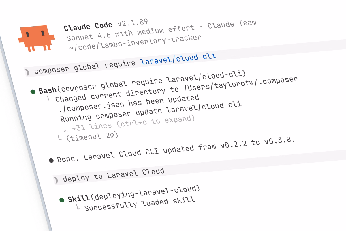 Claude Code terminal installing laravel/cloud-cli and deploying to Laravel Cloud