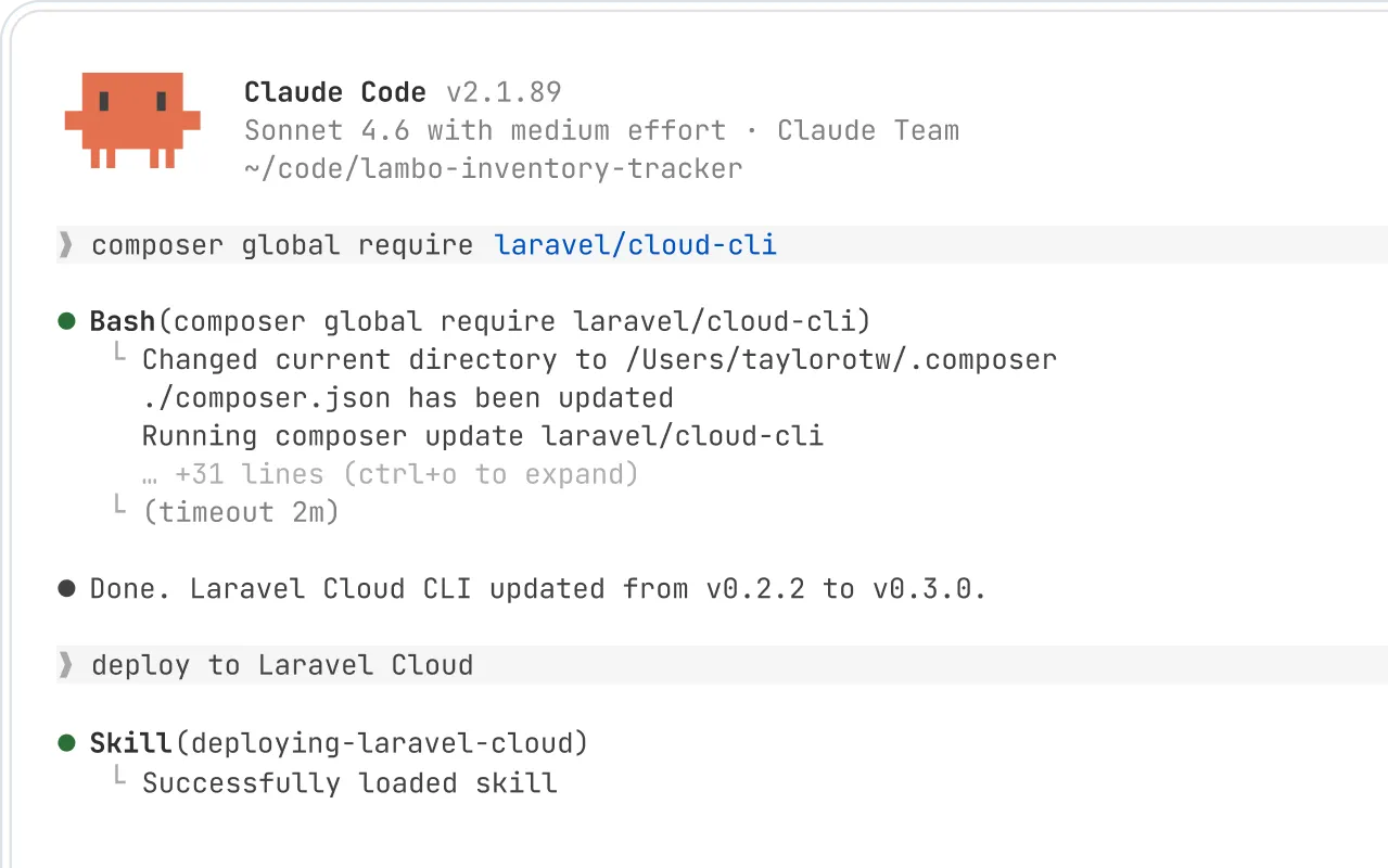 Claude Code terminal installing laravel/cloud-cli and deploying to Laravel Cloud