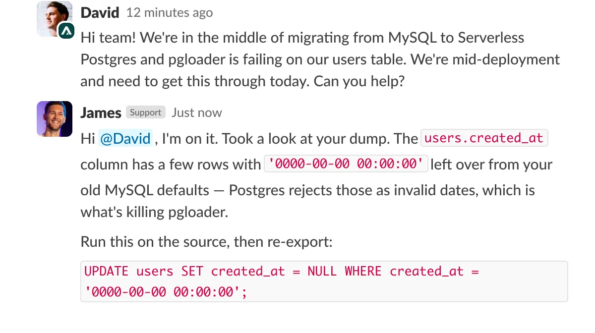 Screenshot of support assisting a customer with a migration from MySQL to Serverless Postgres
