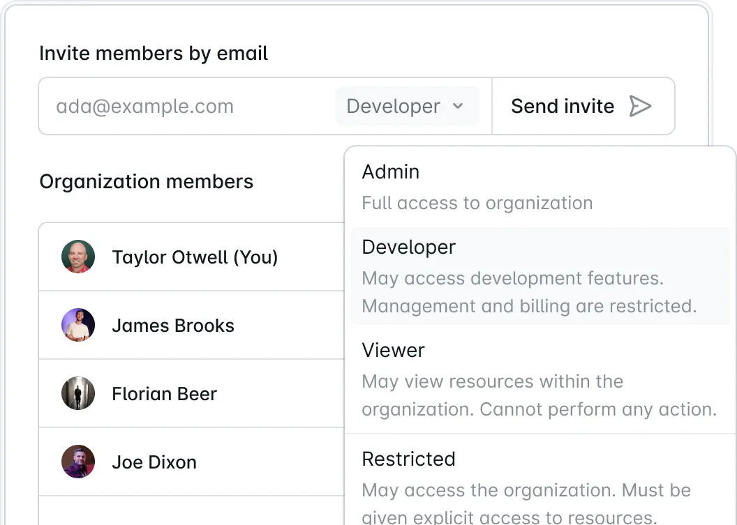 Screenshot of team member invitation form showing existing members and available roles